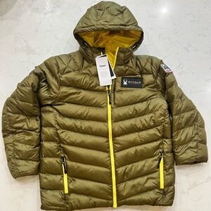 Spyder- Mens Timless Down Jacket Hooded- Olive/Yellow Color
